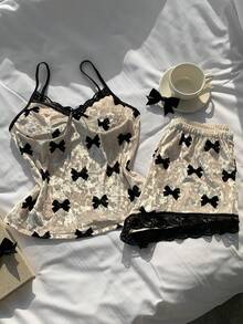 Comfortcana 蝴蝶结印花系带撞色蕾丝天鹅绒套装，白色蝴蝶结套装，秋冬服装，舒适 - 白色 - 查看 3