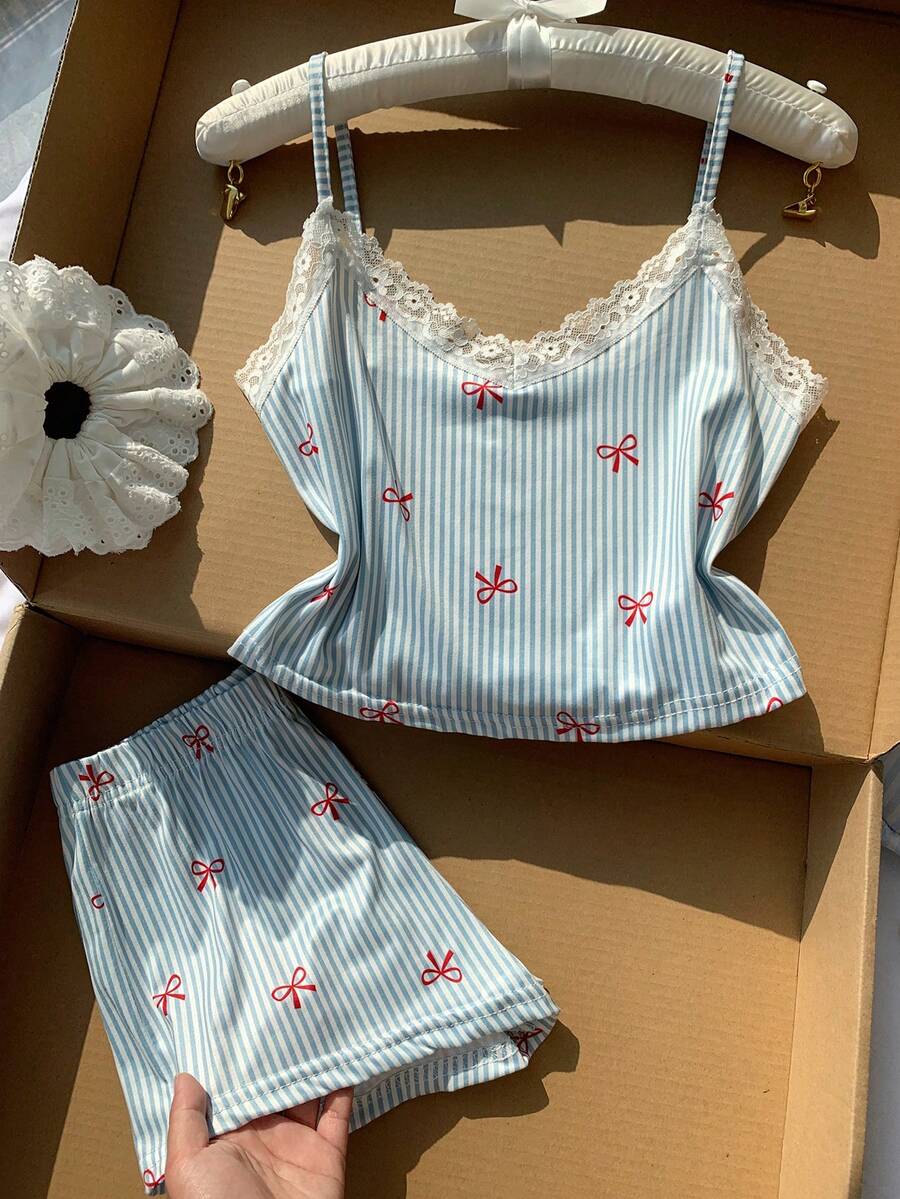 Comfortcana Lace Patchwork Striped Bow Print Camisole & Shorts Women Pajama Set - Multicolor - View 1
