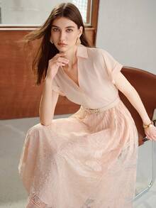 MOTF PREMIUM WOMEN'S CONTRAST LACE FLARE HEM BATWING SHORT SLEEVE BELTED DRESS - Pink - View 1