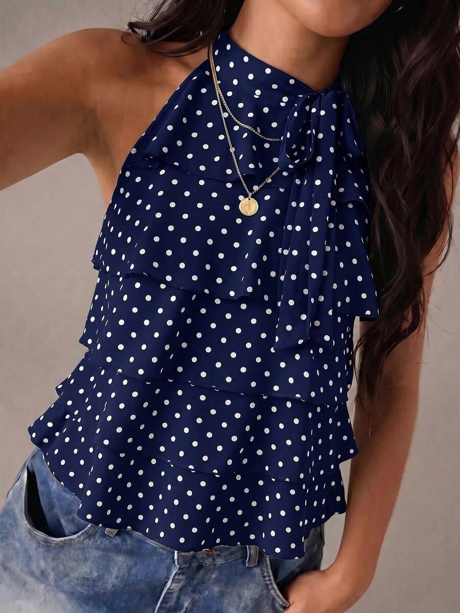 SHEIN BAE 女款夏季休閒波點印花多層掛脖上衣 - 藏蓝色 - 查看 1