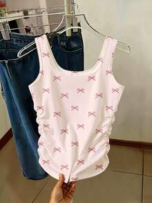 SHEIN 青少年女孩 1件隨機發貨 紫色/杏色/粉色蝴蝶結豹紋滿版背心，休閒百搭日常穿著，適合外出、街頭風、四季、度假、海灘，舒適經典款 - 彩色 - 查看 6