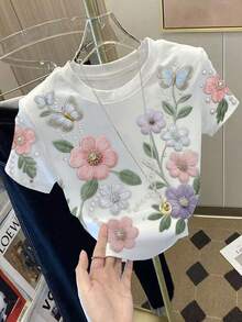 Resyla 新款仿 3D 刺繡花卉與蝴蝶短袖上衣，清新多彩花朵與蝴蝶刺繡搭配仿珍珠裝飾，適合送給女友或媽媽的節日禮物 - 白色 - 查看 4