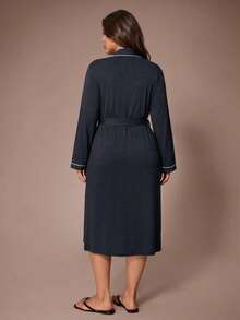 Lazeform Plus Size Casual Long Sleeve Tie Waist Long Robe - Navy Blue - View 2