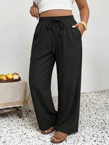 SHEIN Frenchy Plus Size Women's Casual Business Bohemian Style 100% Cotton Loose Pants, Fashionable Vacation Light Black Beach Pants, Suitable For Beach Vacation, Summer Women's Wear, Business Women's Pants, Holiday Casual Pants - Black - View 7