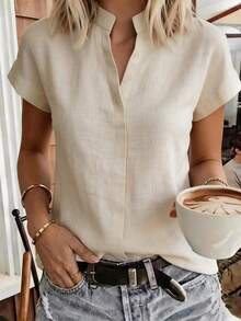 SHEIN Women's Elegant Light Beige Short-Sleeved Shirt Top With Collar,Business Office Summer Blouses,Classy Fashionable Casual Commuter Wear For Graduation - Khaki - View 9