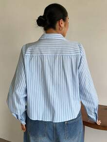 Dazy Plus Loose Casual Striped Collar Long Sleeve Blue Plus Size Women's Shirt, Spring Summer Autumn - Blue - View 8