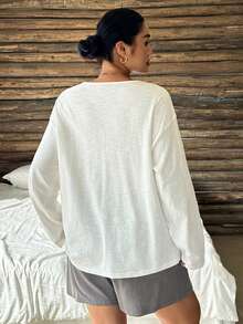 Dazy Plus Solid Color Loose Long Sleeve Pullover Top & Elastic Waist Shorts 2 Pieces Loungewear Set, Spring Summer Autumn Pajama Set - White - View 8