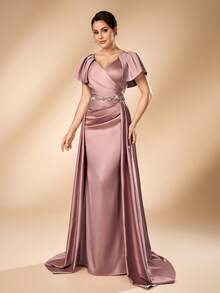 Serin Elegant Dusty Pink Satin V Neck Flutter Sleeve Rhinestone Beaded Ruched Pleated Mermaid Train Floor Length Mother Of The Bride Wedding Guest Gown - Pink - View 8