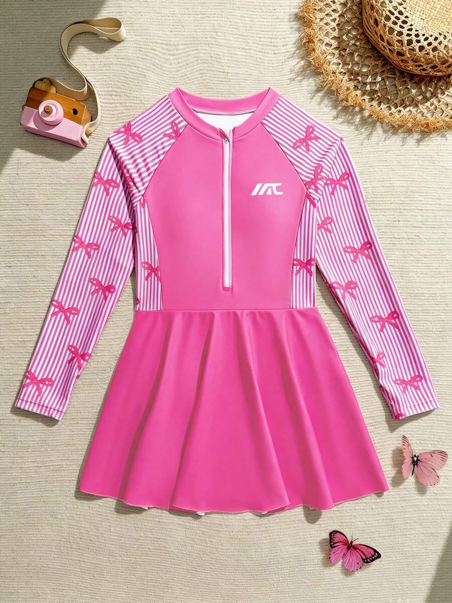 SHEIN 青少年女孩條紋蝴蝶結印花長袖連身泳裝裙，適合海灘度假、泳池派對、海灘派對 - 玫紅色 - 查看 1