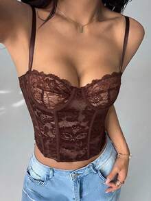 SHEIN PETITE 咖啡棕色蕾絲透視細肩帶上衣，時尚夜店風夏季女款束腰上衣，適合派對約會之夜，小碼女款 - 棕色 - 查看 5