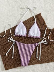 Swim Mod Ladies' Spring/Summer Beach Music Festival Knitted Jacquard Striped Bead Halter Sexy Fashion Elegant Bikini Set - Multicolor - View 3