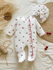 SHEIN Vintaside Kids 新生女嬰白色條紋甜美可愛鬆款前開拉鍊荷葉邊連身褲附腳套兩件套拍照裝 - 杏色 - 查看 5