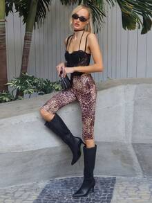 Brooke Lily 女款秋季豹紋短款緊身內搭褲，休閒動物圖案短褲，單車緊身褲，隨機長度剪裁度假夏季款 - 彩色 - 查看 4