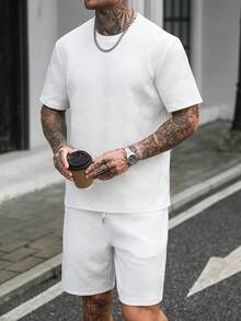Manfinity Homme 男士夏季全白成熟休閒T恤套裝，適合日常休閒穿著、外出及其他活動，也是送給男友或丈夫的理想禮物 - 白色 - 查看 6