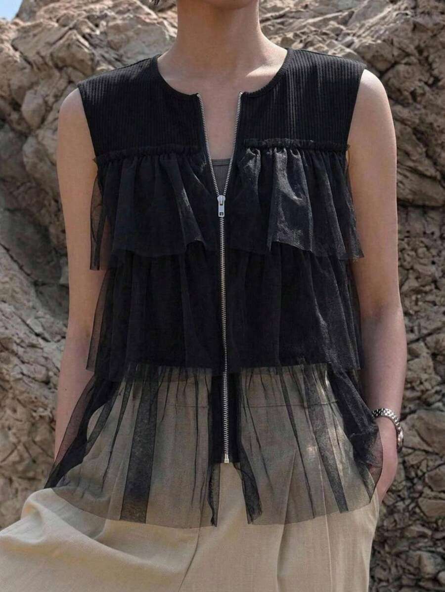 FRIFUL تي شيرت نسائي بسحاب، تصميم طبقات شبكية مطوية، فضفاض كاجوال متعدد الاستخدامات للصيف، مناسب للعطلات ومهرجانات الموسيقى - الأسود - مشاهدة 1