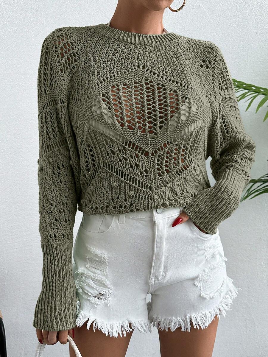 EURMUSE Solid Raglan Sleeve Pointelle Knit Sweater - Mint Green - View 1