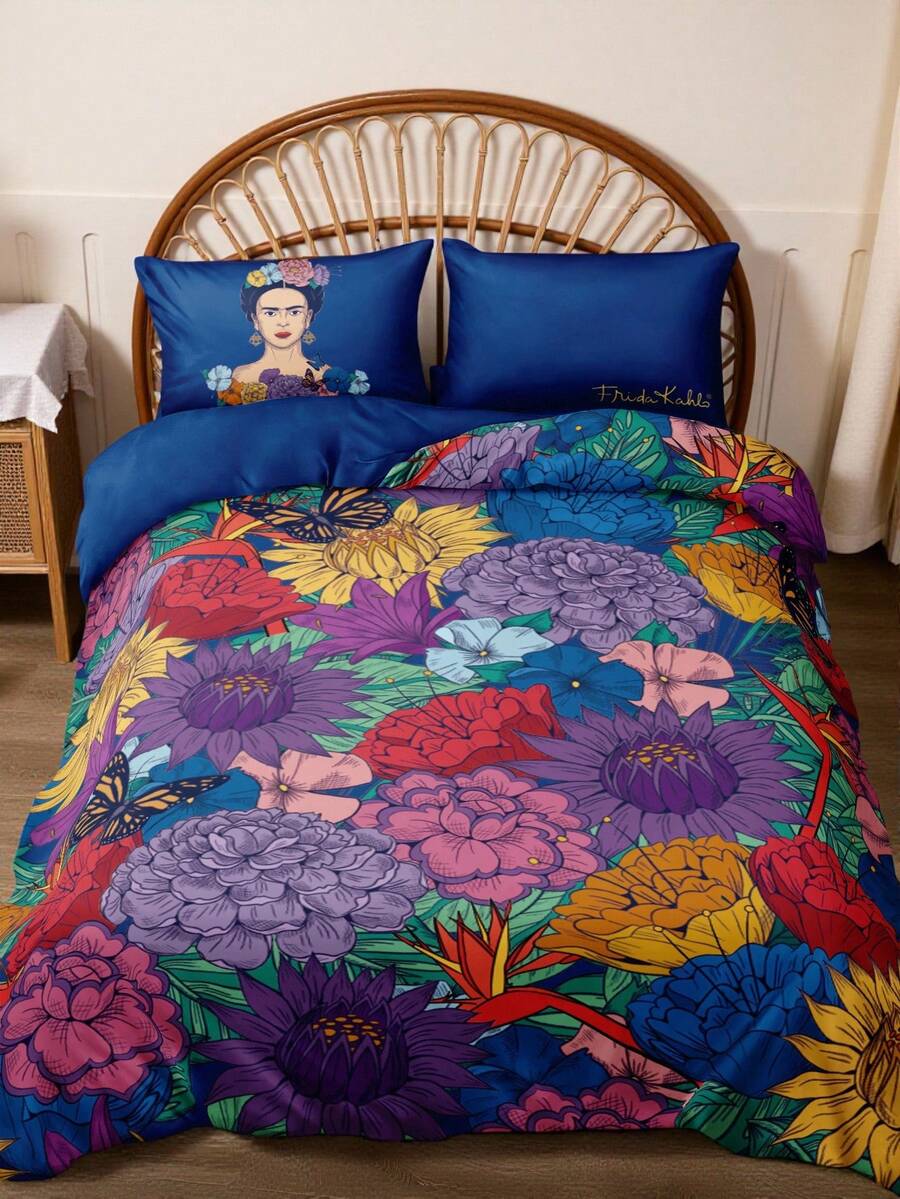 Frida Kahlo X SHEIN 3件組皇家藍花卉裝飾被套組,角色圖案,光滑、柔軟且保暖材質,多尺寸適用於單人床/雙人床/大床/特大床,禮物靈感,派對,節日,復古床上用品 - 寶蘭 - 查看 1