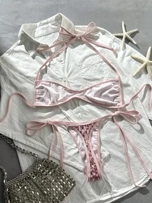 Costavie 春夏海灘度假亮片掛脖綁帶式比基尼上衣與側綁式丁字褲比基尼套裝，性感 - 粉色 - 查看 2