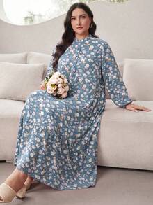 Al Najma 大尺碼女款花卉印花燈籠袖優雅洋裝 - 藍色 - 查看 1