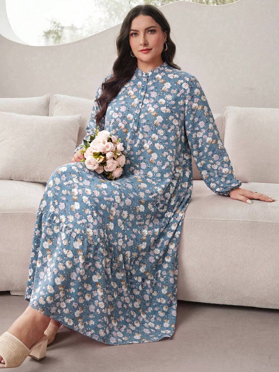 Al Najma 大尺碼女款花卉印花燈籠袖優雅洋裝 - 藍色 - 查看 1