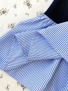 SHEIN 青少年女孩童裝海軍藍 Polo 領圖案荷葉邊下擺條紋拼接休閒洋裝，校服風格，適合學校、戶外活動、購物、日常穿著 - 彩色 - 查看 8