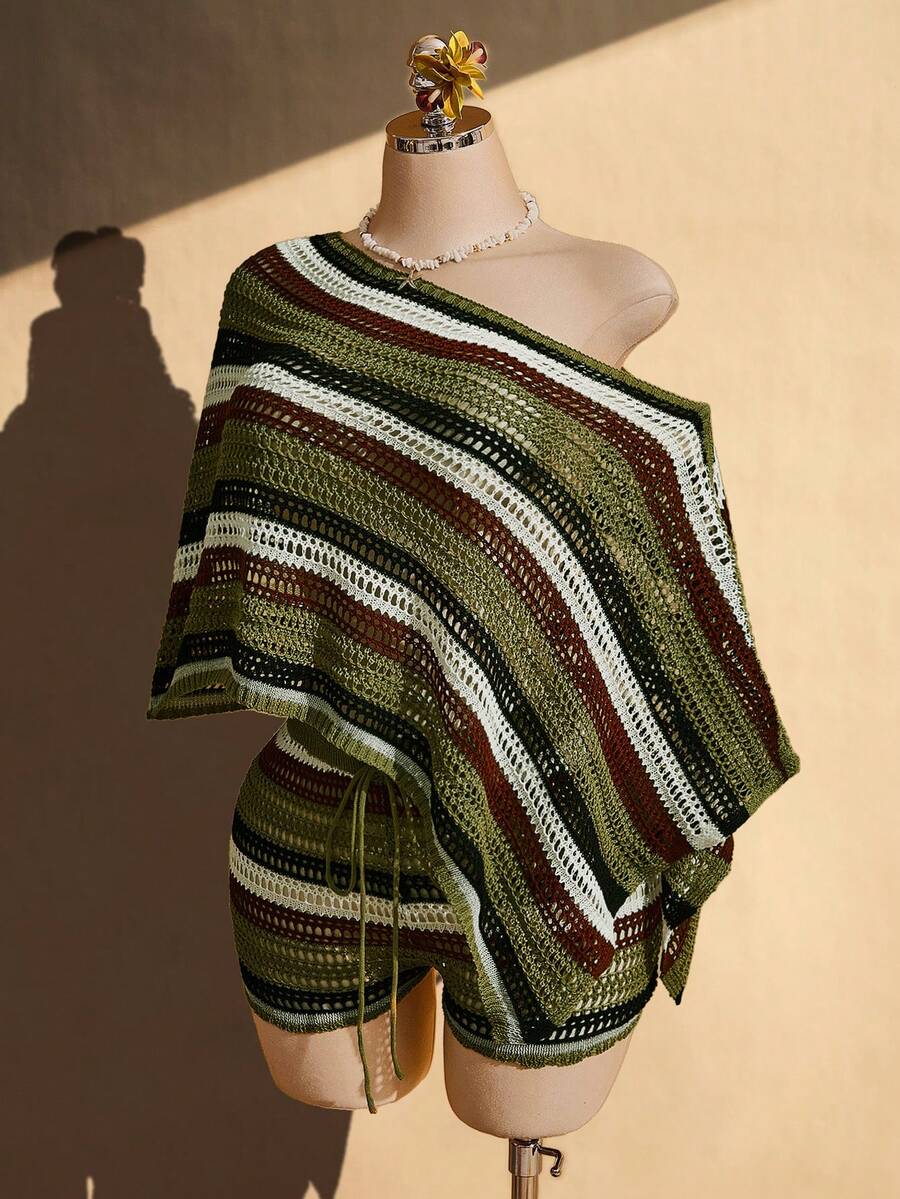 SHEIN ICON Women's Plus Size Retro Sexy Millennial Style Y2K Simple Casual Beach Vacation Party Dark Green Loose Off-Shoulder Shawl Top Shorts Set Autumn - Green - View 1
