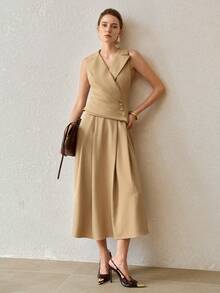 MOTF PREMIUM Vestido midi sin mangas de unicolor para ir al trabajo para mujer - Caqui - Ver 5