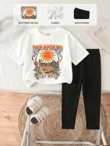 SHEIN 2pcs Baby Girl Black And White Matching Outfit,Letter Print Dropped Shoulder Tee And Pants,Summer Casual Vacation Suit For Spring/Autumn Daily Wear - Multicolor - View 7
