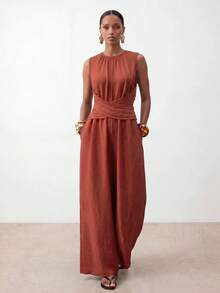 Zivah New Summer Hot-Selling Casual Commuter Vacation Linen Reddish-Brown Round Neck Sleeveless Cross Waist Belted Pleated Long Women Jumpsuit,Suitable For Everyday Wear, Going Out,Vacations, Travel, Beaches, Party, Airport Outfits, Brunch Outfits,Boho , Nomadic,Casual ,Shopping,Work Outfits For Women,Graduation Outifit,Country Concert Outfit,Back-To-School - Red - View 8