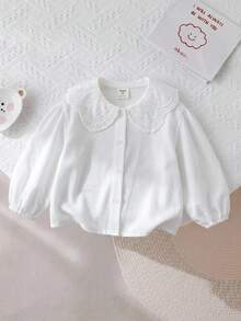 SHEIN 少女休閒百搭學院風白色彼得潘領長袖襯衫 - 白色 - 查看 6