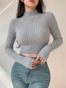 Dazy Star Solid High Neck Crop Sweater,Long Sleeve Tops Fall - Grey - View 13