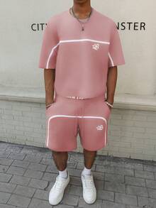 PAVTROS Young Street Style, Ribbon Design, Gothic Letter Print Grey Men's T-Shirt Set Football - Pink - View 5