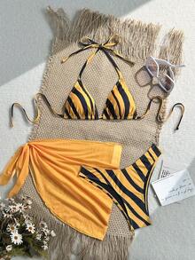Swim Vcay 女款黃黑寬條紋隨機印花掛脖三角比基尼3件套，純色抓皺圍裙罩衫，修身兩件式泳衣，度假穿搭 - 彩色 - 查看 1