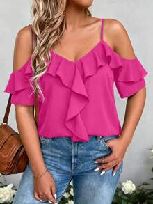 Breezaya Blusa corta con escote en V y volantes, con tirantes finos, diseñada para mujeres curvilíneas de talla grande en color negro con hombros descubiertos - Rosa Fucsia - Ver 1