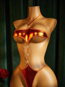 SpicyHot Orange Charming Personalized Punk Seductive PU Patchwork Open Crotch Metal Ring Shiny Women's Sexy Jumpsuit Bar Party Club Music Festival - Orange - View 6