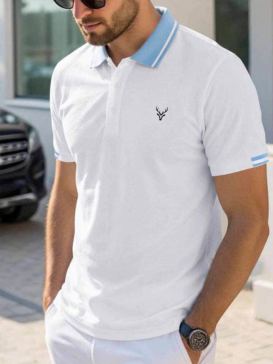 Manfinity Mode 男士高級休閒商務短袖 Polo 衫 高爾夫 白色與藍色 夏季老錢風 日常休閒 送禮 派對 度假 假期 儀式 - 白色 - 查看 1