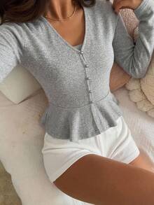 FRIFUL Women's Open Front V-Neck Ruffle Hem Patchwork Solid Color Sweet Casual T-Shirt - Grey - View 12