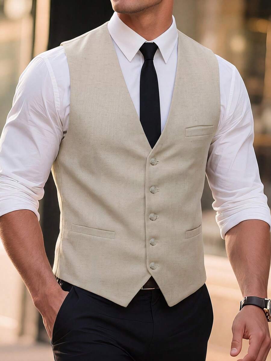 Manfinity Homme 男士大尺碼商務休閒西裝背心 - 米色 - 查看 1