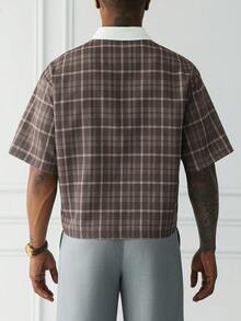 HUEFORM Men's Fashion Plaid Print  Frog-Button Mandarin  Cropped Fit Shirt ,Perfect For Those Who Care About Style In Their Outfits. - Khaki - View 2