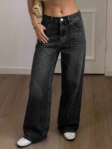 DAZY Women's Casual Washed Rhinestone Embellished Wide Leg Jeans Sequin - Dark Grey - View 7