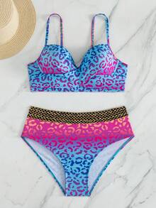 Swim Vcay 女款夏季海灘豹紋交叉設計性感時尚比基尼兩件式泳衣套裝（聚攏鋼圈款，隨機印花） - 彩色 - 查看 6