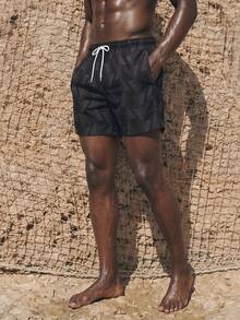Manfinity KASUA Men's Geometric Printed Drawstring Beach Shorts With Built-In Briefs,Hawaiian - Black and White - View 7