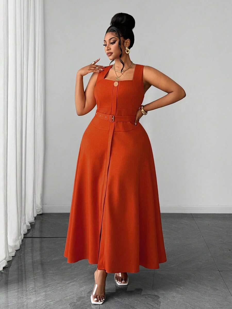 Maweii Vestido largo de línea A de talla grande, estilo vintage caramelo, cuello cuadrado, sin mangas, con ajuste ceñido a la cintura y efecto adelgazante con cinturón, estilo elegante de oficina francés - Naranja - Ver 1