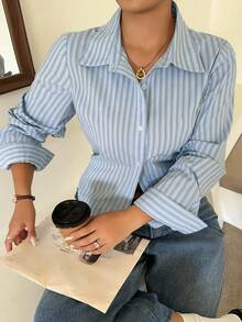Dazy Plus Loose Casual Striped Collar Long Sleeve Blue Plus Size Women's Shirt, Spring Summer Autumn - Blue - View 6