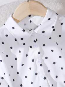 SHEIN Elladie kids 2件套女童拼接黑白波點不對稱領長袖條紋後背蝴蝶結裝飾上衣與黑白波點長褲，學院休閒風，適合四季穿著 - 白色 - 查看 5