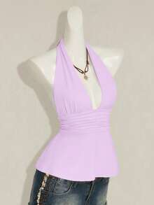 SHEIN ICON Halloween Women's Halter Backless Lavender Babydoll Tank Top Beach Vacation Summer Tropical - Mauve Purple - View 7