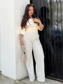 NegzBox Apricot Striped High Waist Double Waist Tie Wide Leg Pants - Multicolor - View 3