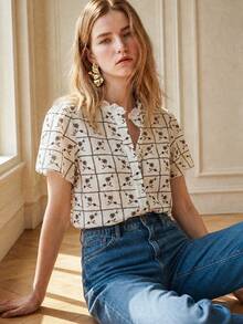 SHEIN Summer Tops, Festival Clothing, Outdoor Tops, Elegant Tops, Holiday Suits, Casual Tops, Business Suits, Country Style, Check Pattern White Shirt - White - View 1