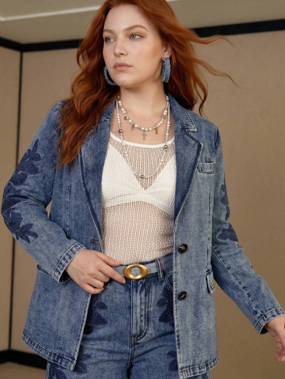 MOTF PLUS SIZE WOMEN'S EMBROIDERED FLORAL DENIM BLAZER, AUTUMN/WINTER FORMAL CLUB NAVY BLUE CASUAL 80S