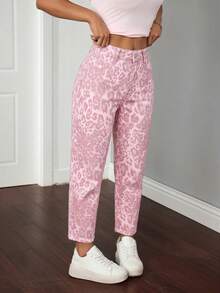 SHEIN PETITE Women's Fashion Versatile Leopard Print Button Pocket Denim Jeans - Pink - View 5